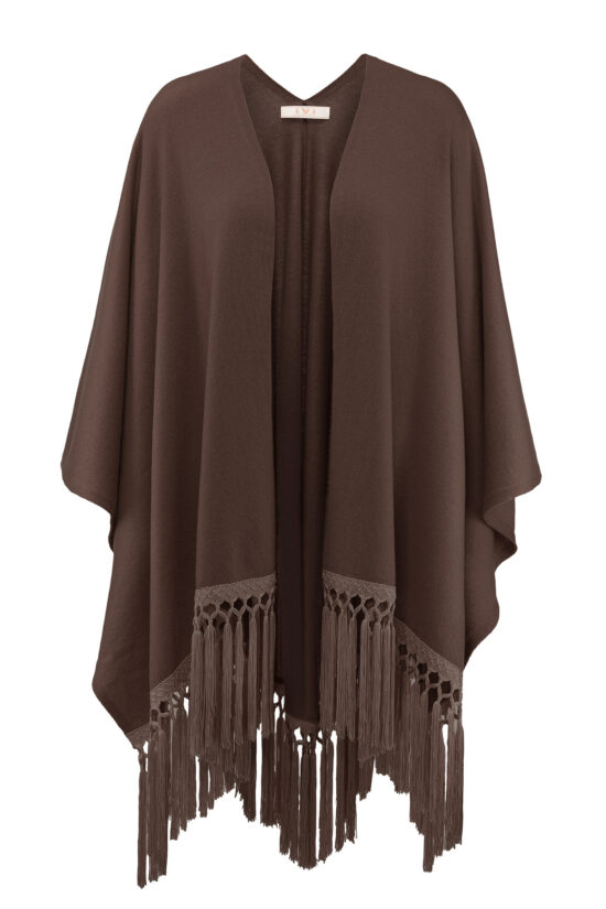 SOLID KNIT cape with fringes, dark brown