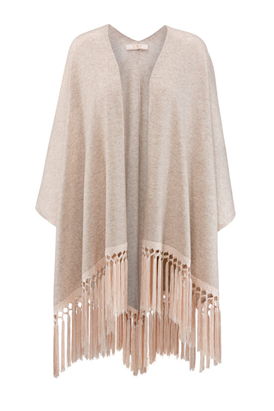 SOLID KNIT cape with fringes, sand